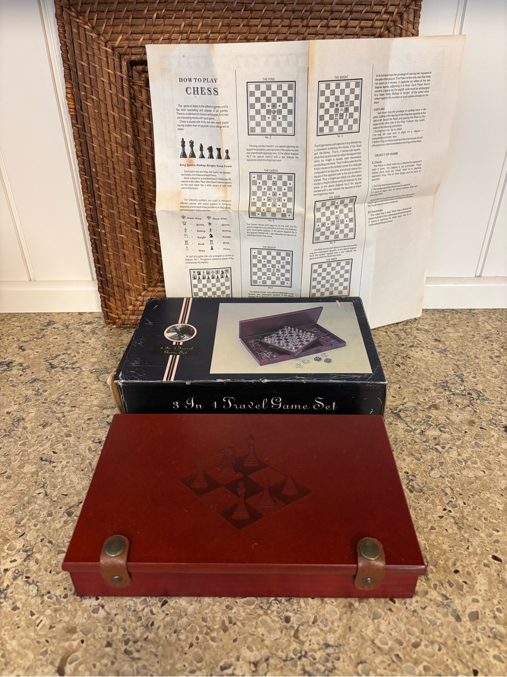 NEW Vintage Portable Travel Chess & Backgammon Set in Wood Case- Sealed Pieces